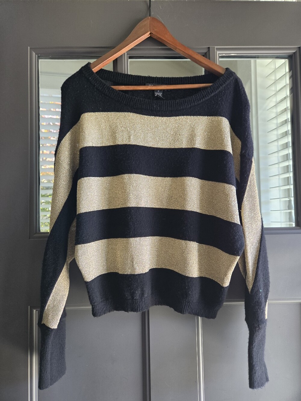 INC International Concepts Black & Metallic Gold Striped Dolman Sleeve Sweater M